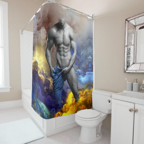 SlipperyJoes Man steamy shirtless abs sixpack put Shower Curtain