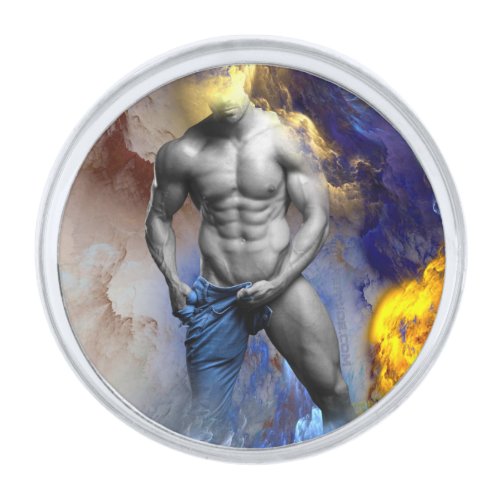 SlipperyJoes Man steamy shirtless abs sixpack put Silver Finish Lapel Pin