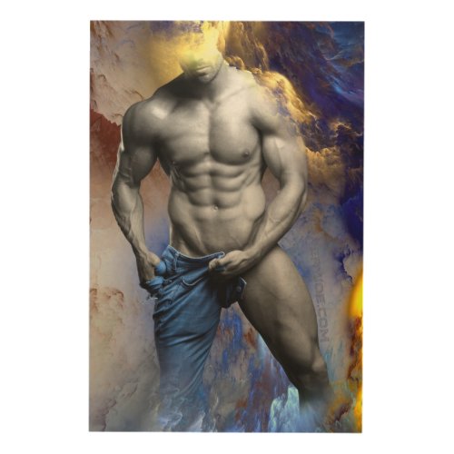 SlipperyJoes Man steamy shirtless abs sixpack put Wood Wall Art