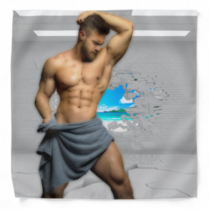 SlipperyJoe's Man towel broken white brick wall ba Bandana
