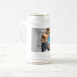 SlipperyJoe's Man towel broken white brick wall ba Beer Stein