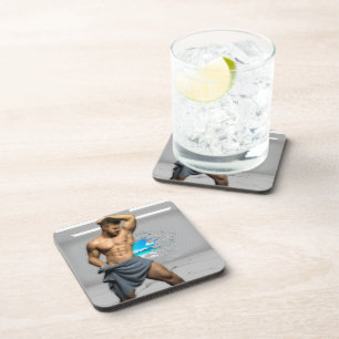 SlipperyJoe's Man towel broken white brick wall ba Beverage Coaster