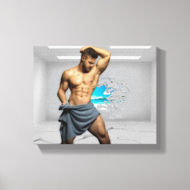 SlipperyJoe's Man towel broken white brick wall ba Canvas Print (Front)