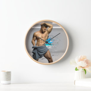 SlipperyJoe's Man towel broken white brick wall ba Clock