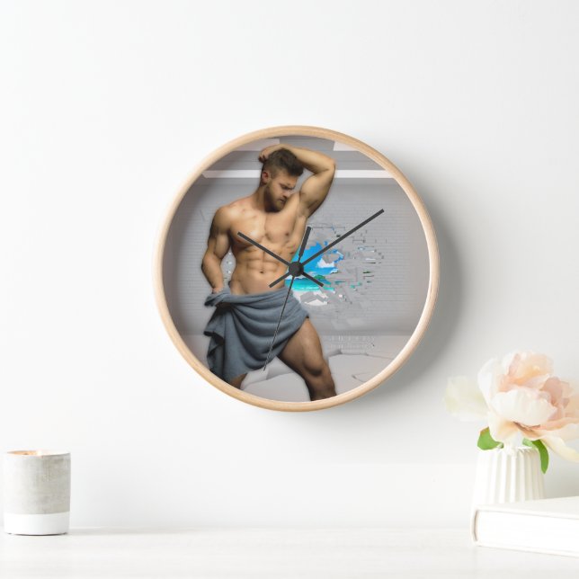 SlipperyJoe's Man towel broken white brick wall ba Clock (Home)