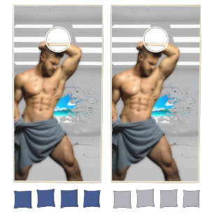 SlipperyJoe's Man towel broken white brick wall ba Cornhole Set