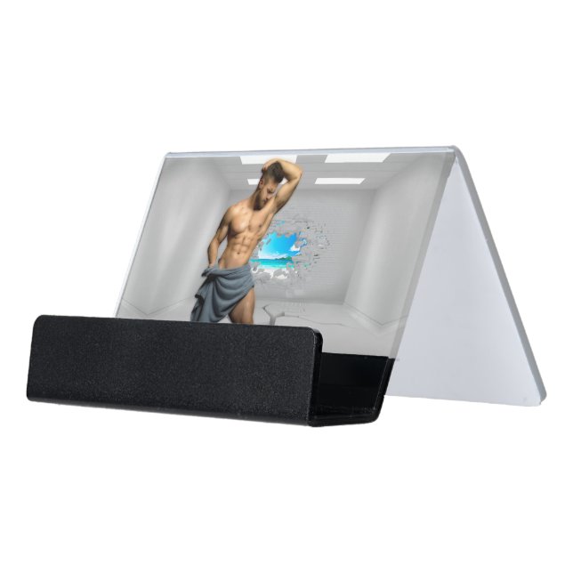 SlipperyJoe's Man towel broken white brick wall ba Desk Business Card Holder (Angled Front)