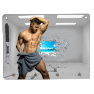 SlipperyJoe's Man towel broken white brick wall ba Dry Erase Board With Keychain Holder