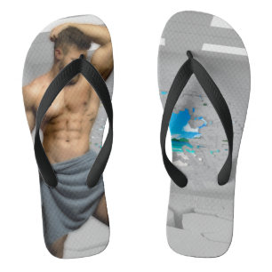 SlipperyJoe's Man towel broken white brick wall ba Flip Flops