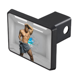 SlipperyJoe's Man towel broken white brick wall ba Hitch Cover