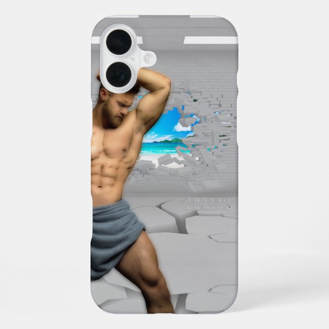 SlipperyJoe's Man towel broken white brick wall ba iPhone Case (Back)