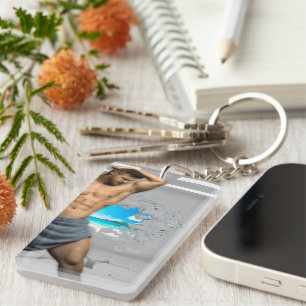 SlipperyJoe's Man towel broken white brick wall ba Keychain