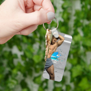 SlipperyJoe's Man towel broken white brick wall ba Keychain