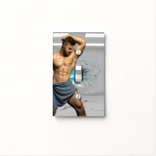 SlipperyJoe's Man towel broken white brick wall ba Light Switch Cover (In Situ)