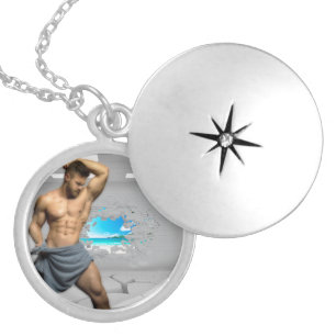 SlipperyJoe's Man towel broken white brick wall ba Locket Necklace