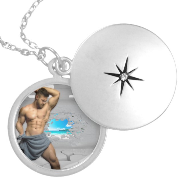 SlipperyJoe's Man towel broken white brick wall ba Locket Necklace (Front)