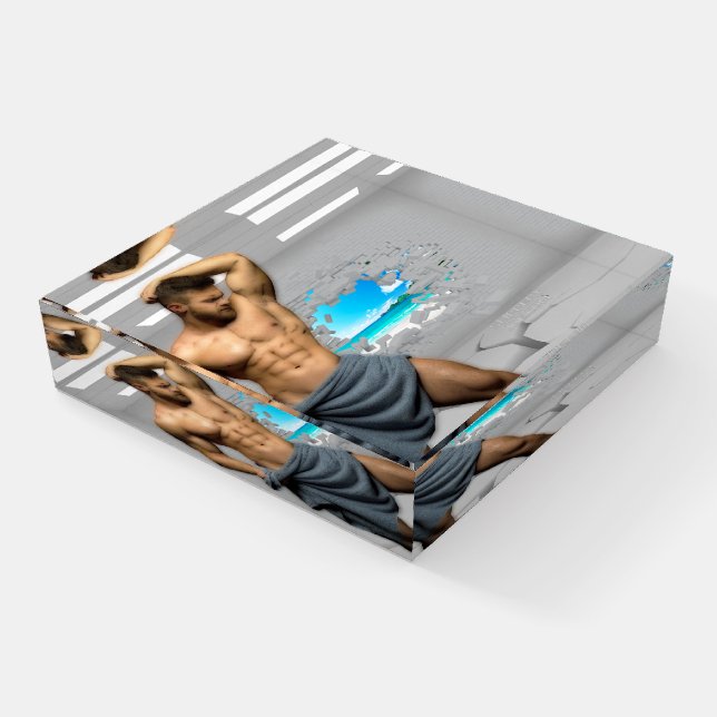 SlipperyJoe's Man towel broken white brick wall ba Paperweight (Angled)