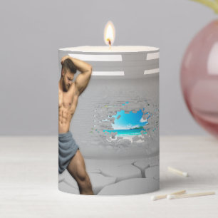 SlipperyJoe's Man towel broken white brick wall ba Pillar Candle
