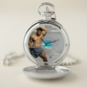 SlipperyJoe's Man towel broken white brick wall ba Pocket Watch