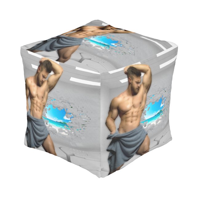 SlipperyJoe's Man towel broken white brick wall ba Pouf (Angled Front)