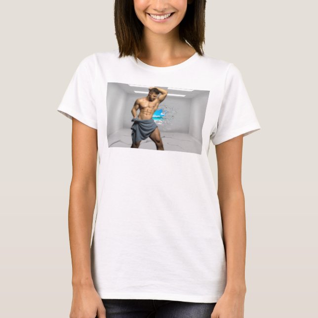 SlipperyJoe's Man towel broken white brick wall ba T-Shirt (Front)