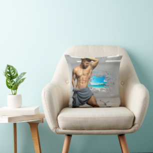 SlipperyJoe's Man towel broken white brick wall ba Throw Pillow
