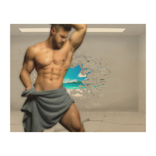 SlipperyJoe's Man towel broken white brick wall ba Wood Wall Art