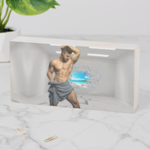 SlipperyJoe's Man towel broken white brick wall ba Wooden Box Sign