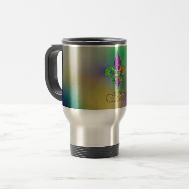 SlipperyJoe's Mardi Gras festival glittery fleur-d Travel Mug (Front Left)