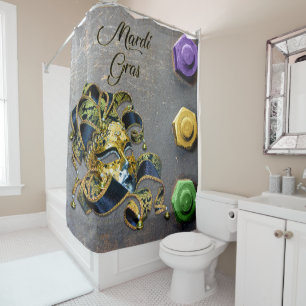 SlipperyJoe's Mardi Gras Mask purple gold green bl Shower Curtain