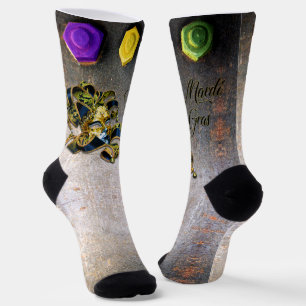 SlipperyJoe's Mardi Gras Mask purple gold green bl Socks