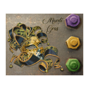 SlipperyJoe's Mardi Gras Mask purple gold green bl Wood Wall Art