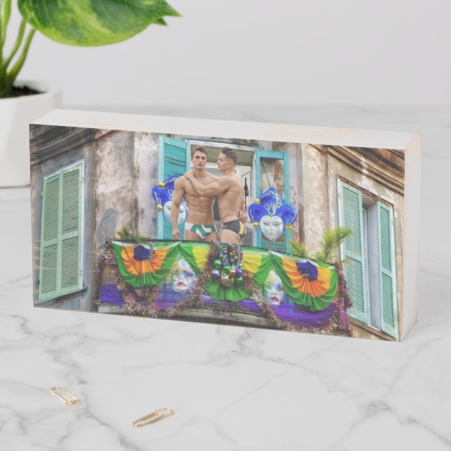 SlipperyJoe's Mardi Gras masks beads decorations s Wooden Box Sign (In Situ Horizontal)