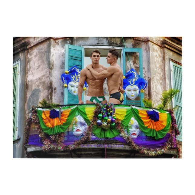 SlipperyJoe's Mardi Gras Men purple gold green bal Acrylic Print (Front)