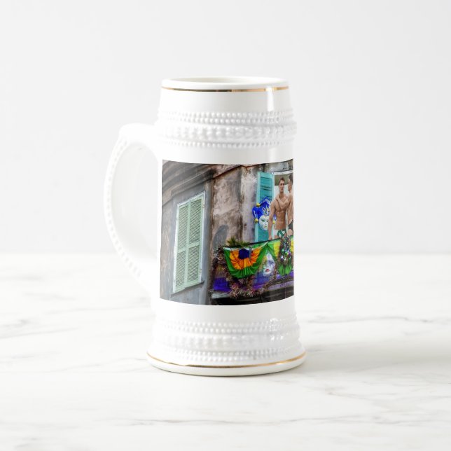 SlipperyJoe's Mardi Gras Men purple gold green bal Beer Stein (Front Left)