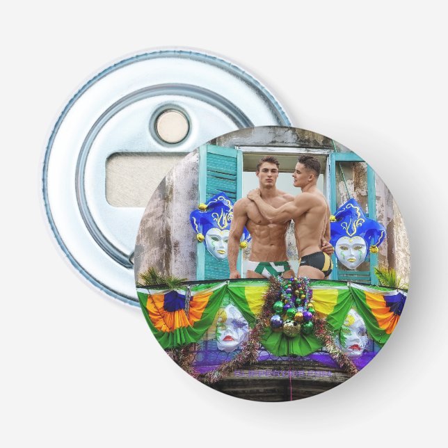 SlipperyJoe's Mardi Gras Men purple gold green bal Bottle Opener (Front)