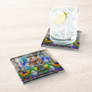 SlipperyJoe's Mardi Gras Men purple gold green bal Glass Coaster
