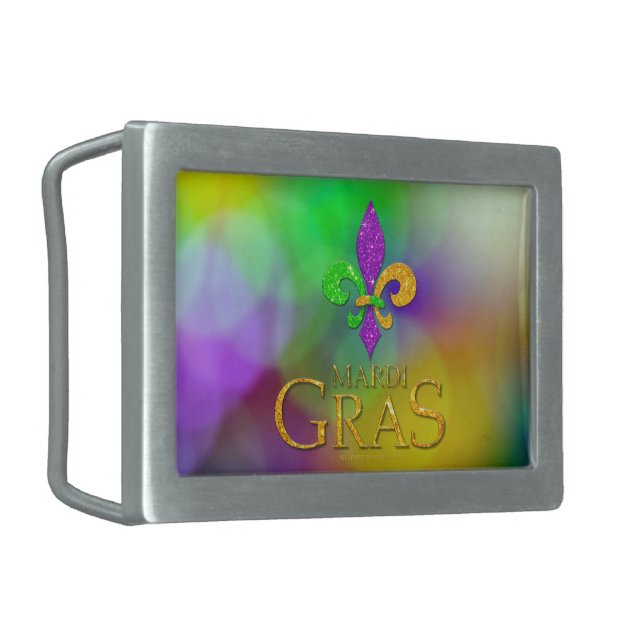 SlipperyJoe's Mardi Gras purple gold green fleur-d Belt Buckle (Front Left)