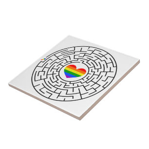 SlipperyJoe's maze encircles rainbow heart arrow m Ceramic Tile