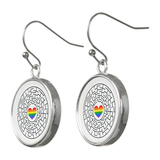 SlipperyJoe's maze encircles rainbow heart arrow m Earrings (Angled)