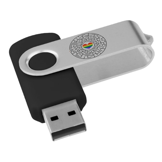 SlipperyJoe's maze encircles rainbow heart arrow m Flash Drive (Angled)
