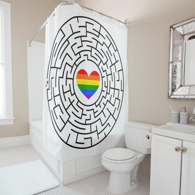 SlipperyJoe's maze encircles rainbow heart arrow m Shower Curtain (In Situ)