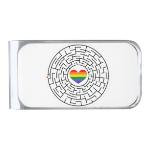 SlipperyJoe's maze encircles rainbow heart arrow m Silver Finish Money Clip