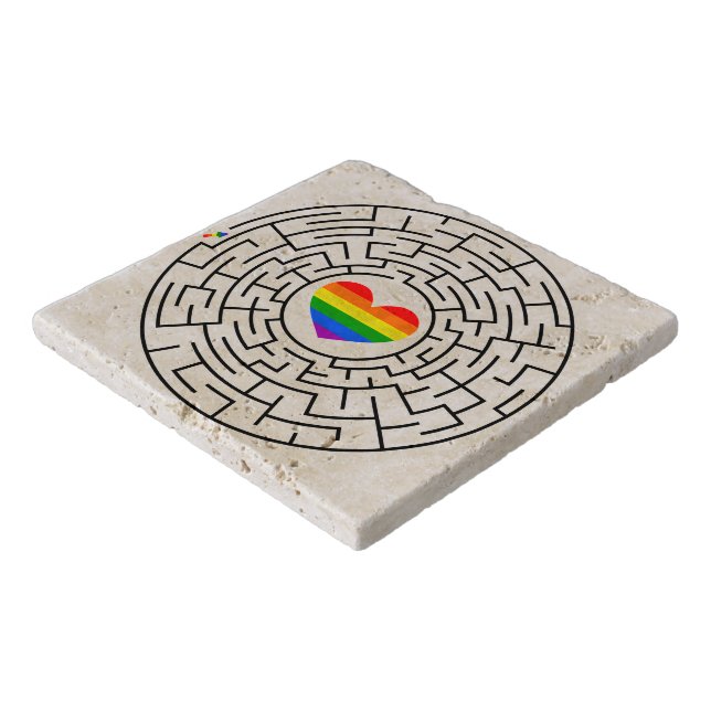 SlipperyJoe's maze encircles rainbow heart arrow m Trivet (Corner)
