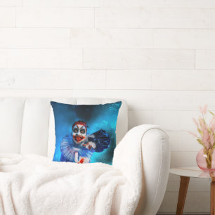 SlipperyJoe's menacing clown Happy Halloween red b Throw Pillow