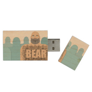 SlipperyJoe's muscular bald bear man stylized cart Wood Flash Drive