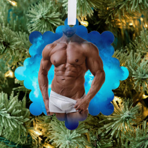 SlipperyJoe's muscular bearded man shirtless sixpa Ornament Card