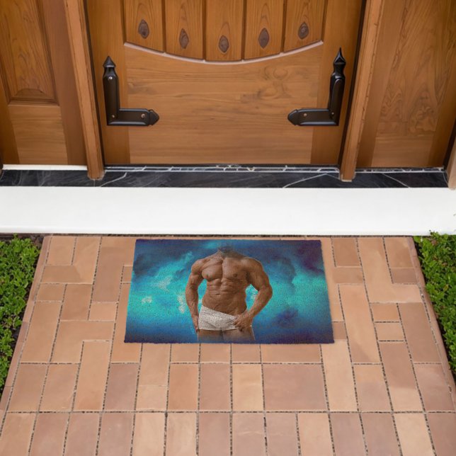 SlipperyJoe's muscular bearded man white underwear Fiber Doormat (Insitu (Outdoor))