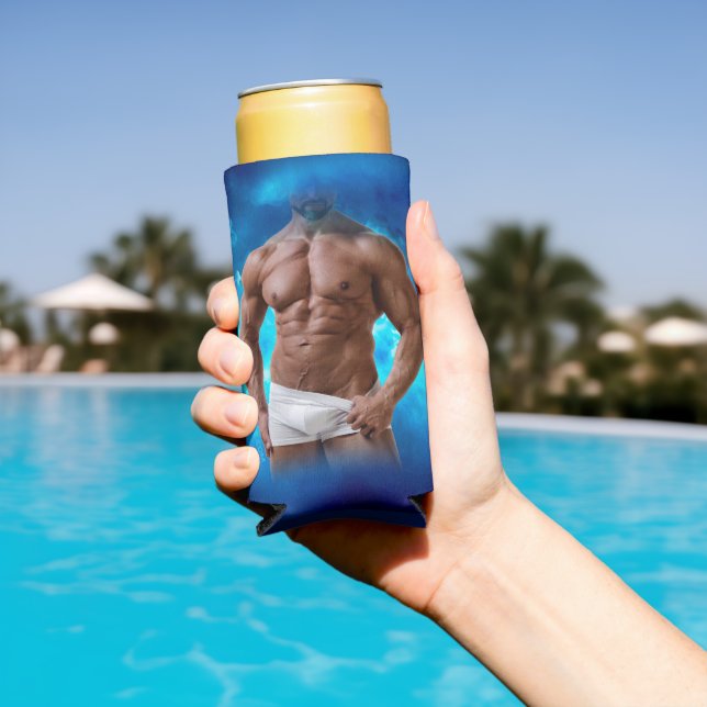 SlipperyJoe's muscular bearded man white underwear Seltzer Can Cooler (In Situ Pool)