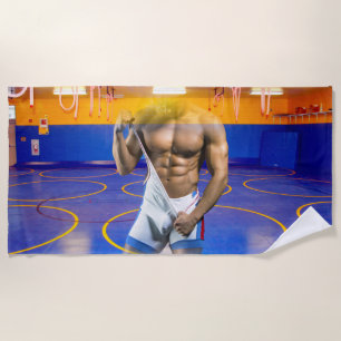 SlipperyJoe's muscular man bulge six-pack gym trai Beach Towel